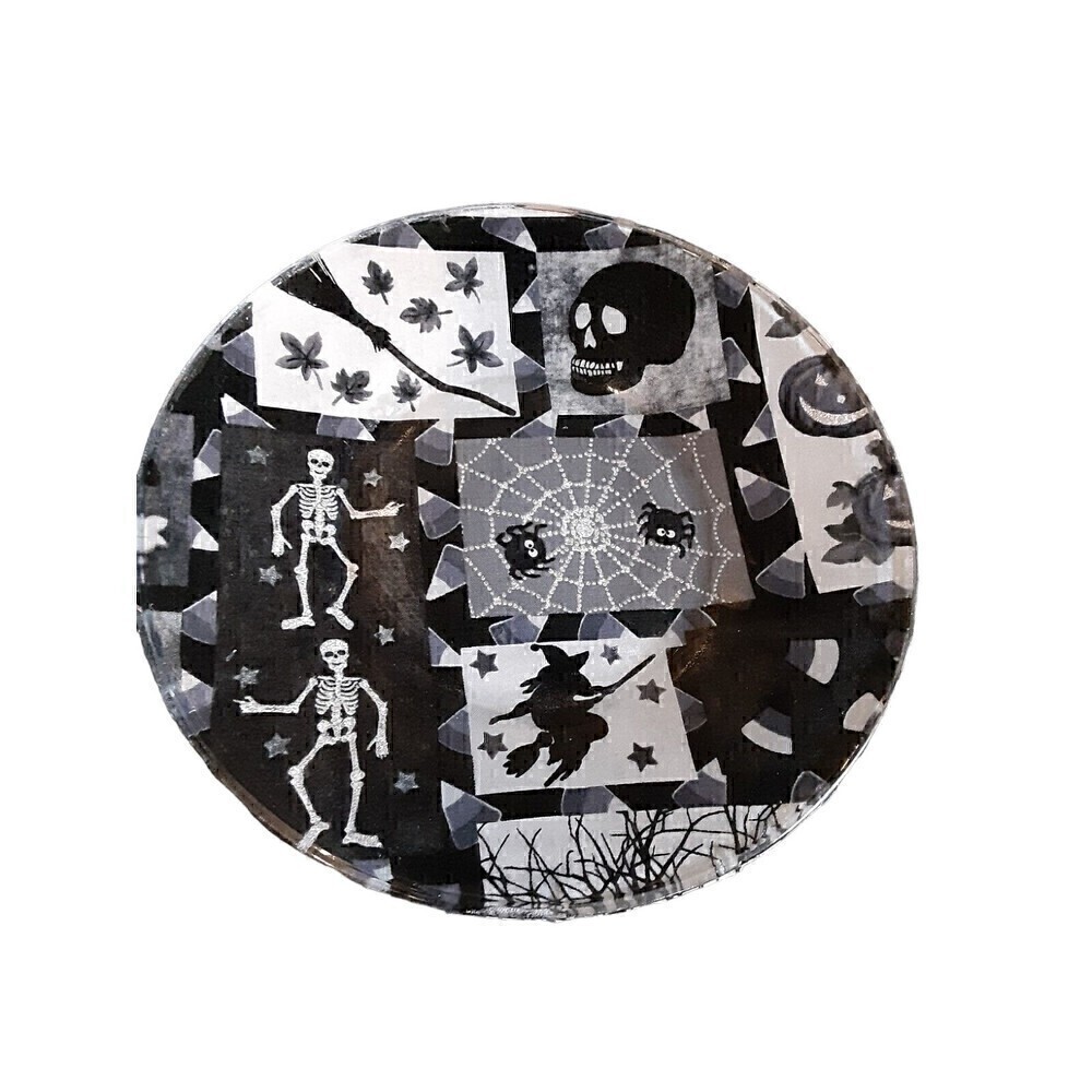 Halloween Skull Pumpkin Cat Decorative Glass Plate w/sparkle SPOOKY HAND CRAFTED